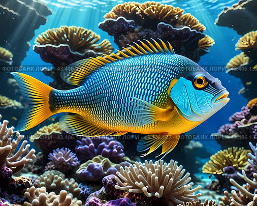 Яркий тропический мир кораллового рифа. The vibrant tropical world of the coral reef. Стоковое AI-изображение, AI-художник Гер Олег / Фотобанк Лори