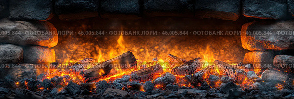 Яркое пламя танцует в большом каменном камине, наполняя дом теплом и светом. Стоковое AI-изображение, AI-художник Ярославский Максим / Фотобанк Лори