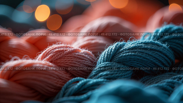 Yarn for knitting or crocheting in close-up. Thin fibers of pink and blue threads. Handicrafts and hobbies. Wool, viscose or acrylic yarns. Abstract background. Стоковое AI-изображение, AI-художник Ирина / Фотобанк Лори