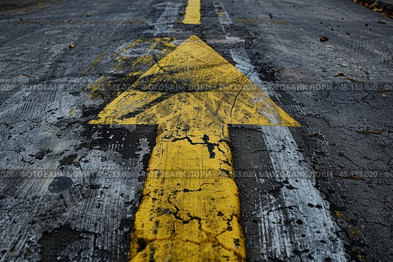 Yellow arrow sign pointing up on deteriorated asphalt road. Стоковое AI-изображение, AI-художник Иван Рябоконь / Фотобанк Лори