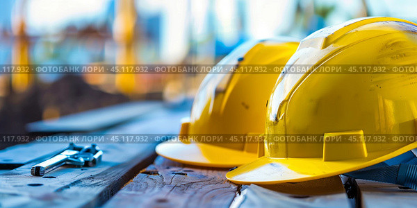 Yellow construction helmets and other tools  lying on wooden planks for labor day celebration. Стоковое AI-изображение, AI-художник Anastacia Gaikova / Фотобанк Лори