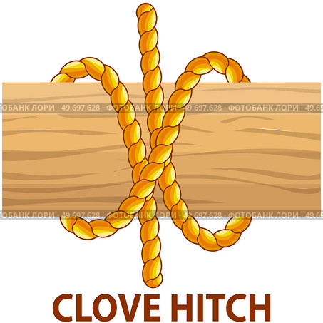 Yellow nautical rope knot, interweaving of ropes, cables, tapes or other flexible linear materials. Clove hitch isolated on white. Household binding and fastening unit for permanent fastening. Yellow nautical rope knot, interweaving of ropes, cables, tapes or other flexible linear materials. Стоковая иллюстрация, агентство Ingram Publishing / Фотобанк Лори
