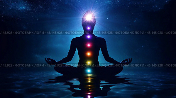 Yoga Esotericism woman is sitting in a lotus position with her hands on her knees. She is surrounded by a colorful aura and is surrounded by a rainbow of colors. Стоковое AI-изображение, AI-художник Ekaterina Ismagilova / Фотобанк Лори