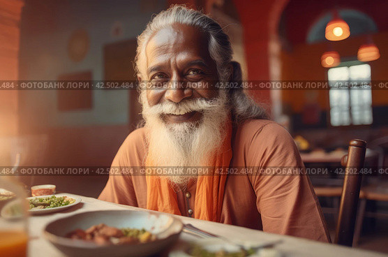 Yoga guru brahman indian on dinner table. Generate Ai. Стоковое AI-изображение, AI-художник Иван Рябоконь / Фотобанк Лори