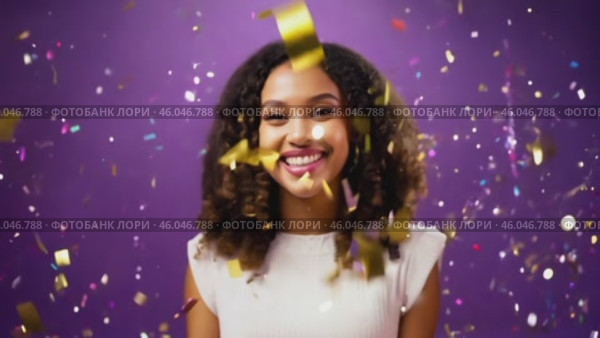 Young African American woman dancing against a purple studio background with confetti falling. Joyful woman celebrating life. Happy excited girl dance among a violet backdrop. Party Time. Medium shot. Стоковое AI-видео, аниматор Марина Демидюк / Фотобанк Лори