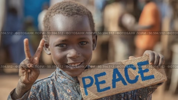Young african child promoting peace with victory sign. Стоковое AI-видео, аниматор Юрий Поздников / Фотобанк Лори