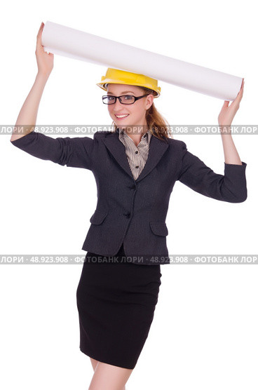 Young architect with drawings on white. Стоковое фото, агентство Ingram Publishing / Фотобанк Лори