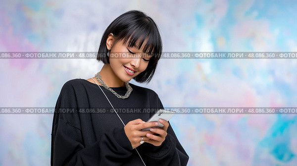 Young Asian Woman with Sleek Bob Scrolling Smartphone with excitement. Молодая женщина азиатского происхождения с гладкой черной стрижкой боб, с увлечением читает на своем смартфоне, на фоне яркого цифрового фона. Стоковое AI-изображение, AI-художник Katsiaryna Repich / Фотобанк Лори