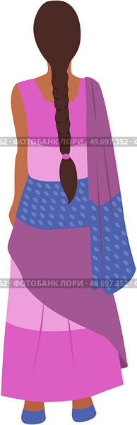 Young beautiful cartoon style Indian woman in traditional clothes isolated on white background. Female character dressed in costume sari stands at full height back view. Fashion lady, asian person. Young cartoon style Indian woman in traditional clothes. Female character dressed in costume sari. Стоковая иллюстрация, агентство Ingram Publishing / Фотобанк Лори