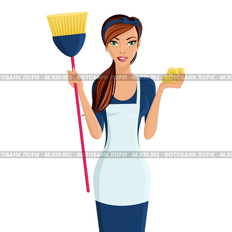 Young beautiful cleaning lady professional standing in apron with broom and dustcloth in hands isolated vector illustration. Стоковая иллюстрация, агентство Ingram Publishing / Фотобанк Лори