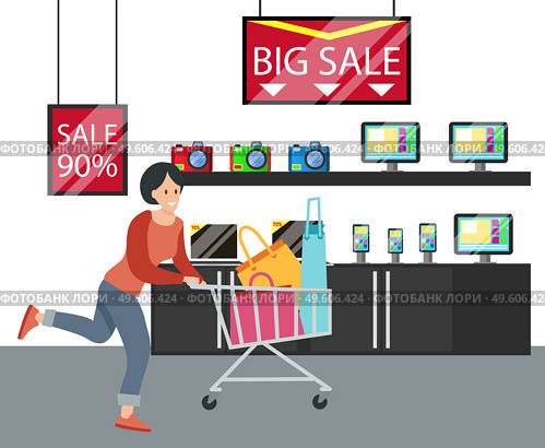 Young beautiful fashion shopper girl in the hardware store. Female character with bags for purchases in the shopping cart rushing to a sale. Woman is shopping. Selling clothes and shoes for clients. Woman shopping in hardware store vector illustration. Girl with the shopping cart rushing to a sale. Стоковая иллюстрация, агентство Ingram Publishing / Фотобанк Лори