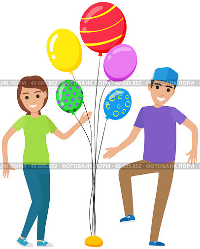 Young beautiful girl and man dancing between balloons. Celebration party, fun activity feeling excited concept. Female character dancing, moving rhythmically. Lady in dance rejoicing celebrating event. Young beautiful girl and man dancing between balloons. Lady in dance rejoices. Celebration of event. Стоковая иллюстрация, агентство Ingram Publishing / Фотобанк Лори