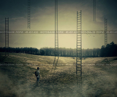Young boy on a mystic meadow with a lot of ladders going high in the sky, thinking which to climb. Different life opportunities, best choice and career development concept. Стоковое фото, агентство Ingram Publishing / Фотобанк Лори