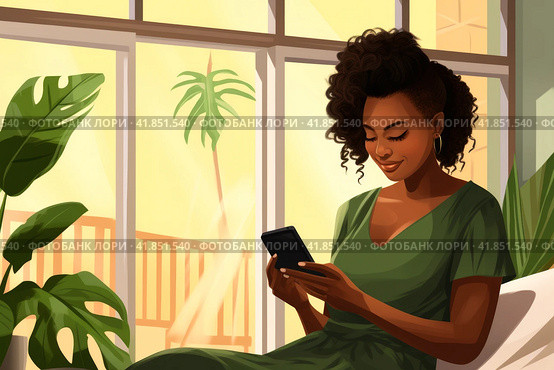 Young dark skinned woman sitting near window in sunny day and looking with smile to smartphone. Стоковое AI-изображение, AI-художник Наталья Семкина / Фотобанк Лори