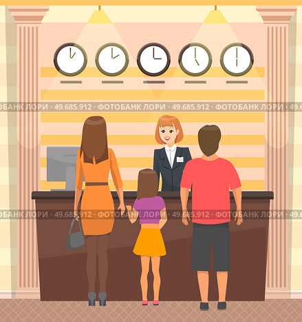 Young family standing at reception desk. People communicating with hotel administrator. Registration and receipt of hotel room. Facility staff services visitors, helps with booking. Young family with suitcases standing at reception desk. People communicate with hotel administrator. Стоковая иллюстрация, агентство Ingram Publishing / Фотобанк Лори