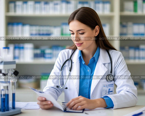 Young female doctor therapist in her office at the clinic. Healthcare and medicine. Стоковое AI-изображение, AI-художник Сергей Елизарьев / Фотобанк Лори