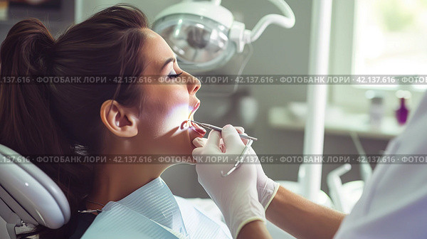 Young female patient visiting dentist office. Beautiful woman with healthy straight white teeth sitting at dental chair with open mouth during oral checkup while doctor working at teeth. Стоковое AI-изображение, AI-художник Ирина Ручушкина / Фотобанк Лори