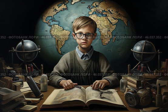 Young geographer studying antique maps and globes in his study. Стоковое AI-изображение, AI-художник Иван Рябоконь / Фотобанк Лори