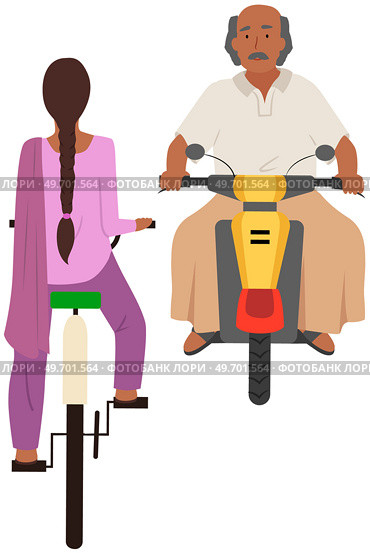 Young girl rides bicycle. Recreation and sports. Activity on city street. Cycling, health care. Active lifestyle. Female character bicyclist. Driving old indian man on road. Elderly male riding motor. Young girl rides bicycle isolated. Recreation and sport. Activity on city street. Elderly male riding motor. Стоковая иллюстрация, агентство Ingram Publishing / Фотобанк Лори