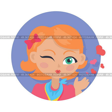 Young Girl Sent Air Kiss Isolated on White. Vector. Young girl sent air kiss isolated on white. Little cartoon lady sent kisses. I love you, first date, Valentines Day. School girl give a wink. Romantic toddler. Vector illustration in flat style. Стоковая иллюстрация, агентство Ingram Publishing / Фотобанк Лори