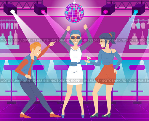 Young girls and guy spending time together at party, Man and women dancing and having fun in club. Group of friends while dancing in nightclub. Dance, entertainment, pastime recreation concept. Group of friends spending time together at party, Man and women dancing and having fun in nightclub. Стоковая иллюстрация, агентство Ingram Publishing / Фотобанк Лори