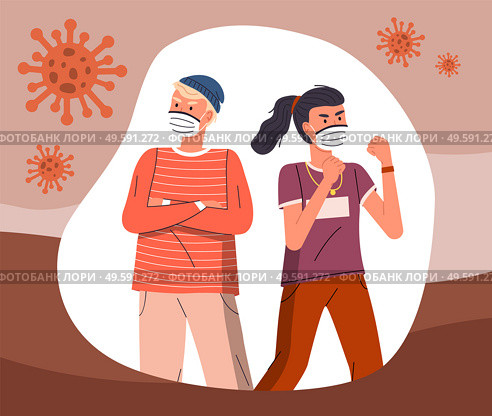 Young guy and girl wearing medical masks fighting with flying virus. World epidemic concept. Spreading virus in the air. Protesting against coronavirus or covid-19. Cartoon characters in flat style. Two vector characters wearing face medical masks fighting with flying virus, world virus pandemic. Стоковая иллюстрация, агентство Ingram Publishing / Фотобанк Лори
