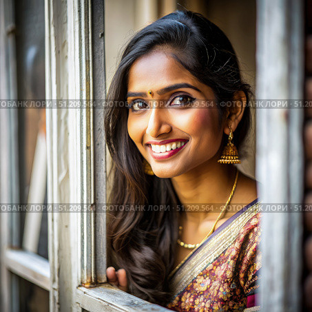 Young Indian Woman Looking Out A Window in a Traditional Sari. Generative AI. Стоковое AI-изображение, AI-художник Roman Zavorotny / Фотобанк Лори