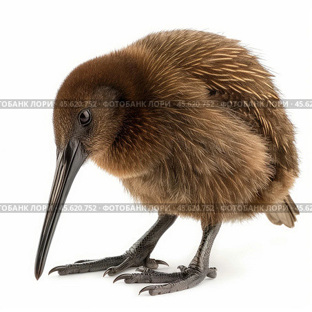 Young kiwi bird lowering its long beak on white background. Стоковое AI-изображение, AI-художник Иван Рябоконь / Фотобанк Лори