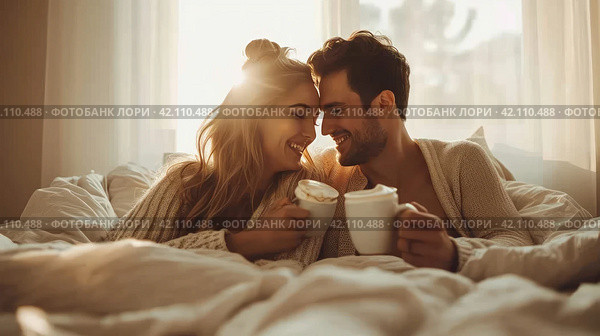 Young loving couple in the bed with cops of coffee. soft and light colors. copy space. Стоковое AI-изображение, AI-художник Юлия Гапеенко / Фотобанк Лори