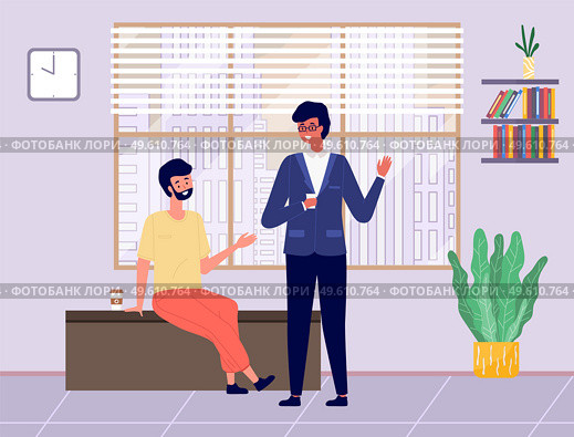 Young male characters are talking together. Positive communication of happy friends. People have a conversation. Men in glasses are working in the office. Guys drinking coffee and discussing at work. People working in the office. Positive communication of happy friends. Guys are drinking coffee. Стоковая иллюстрация, агентство Ingram Publishing / Фотобанк Лори