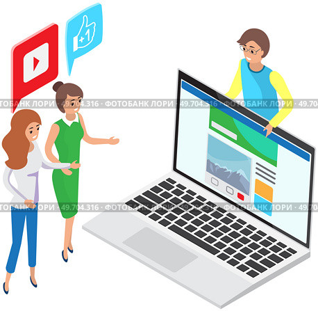 Young man and woman characters working with webpage and interfaces, teamwork with computer. Storage and computing for web design infographic presentation. People work and interact bussiness technology. Young man and woman characters working with webpage and interfaces, teamwork with computer. Стоковая иллюстрация, агентство Ingram Publishing / Фотобанк Лори