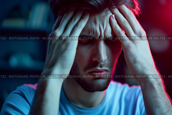 Young man expressing stress and frustration while coping with overwhelming emotions in a dimly lit room during evening hours. Стоковое AI-изображение, AI-художник Sergey Grishin / Фотобанк Лори