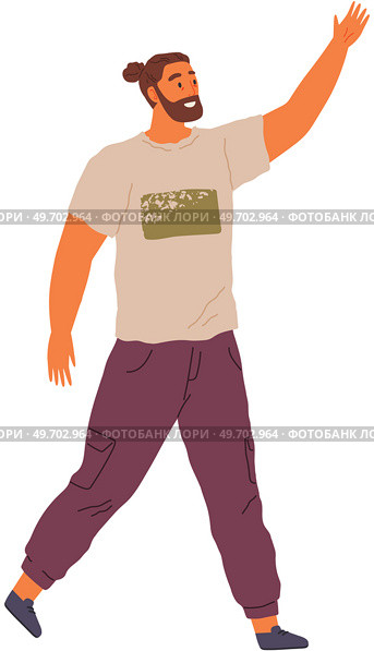 Young man going somewhere isolated on white. Male person walking and making hand gestures late for event and tries to gain it on hurrying. Person raised his hand up stops taxi car, greeting somebody. Young man going somewhere isolated on white. Male person walking and making hand gestures. Стоковая иллюстрация, агентство Ingram Publishing / Фотобанк Лори