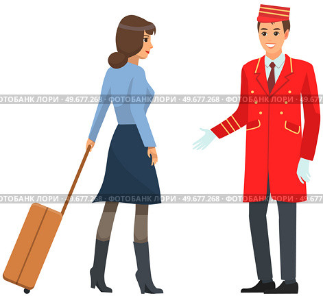 Young man in uniform working as bellboy. Doorman helps girl with luggage. Hotel employee communicates with female visitor. Woman gives suitcase to receptionist. Porter and lady vector illustration. Young man in uniform working as bellboy in hotel. Doorman helps female visitor with luggage. Стоковая иллюстрация, агентство Ingram Publishing / Фотобанк Лори
