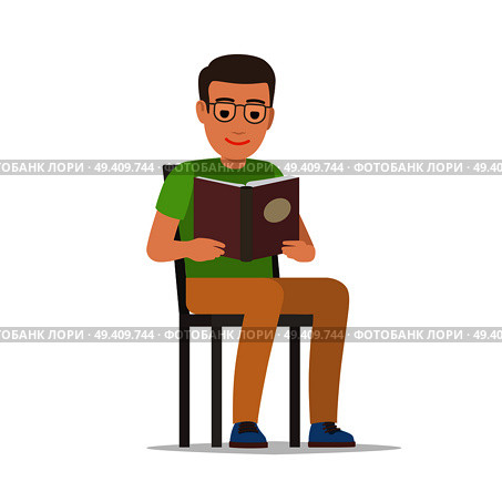 Young man reading textbook. Brown-haired male student seating on chair with book in hands flat vector isolated on white background. Enthusiastic reader illustration for educational and hobby concepts. Стоковая иллюстрация, агентство Ingram Publishing / Фотобанк Лори