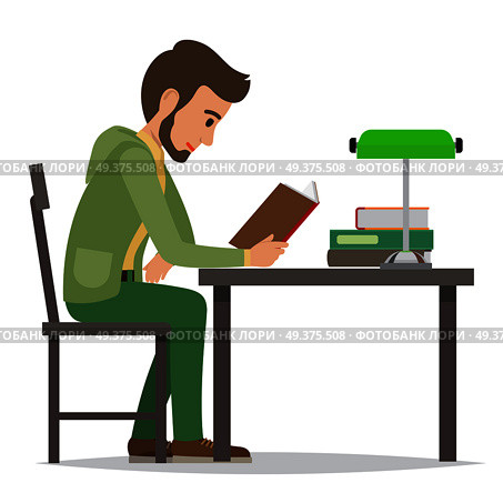 Young man reading textbook in library. Student seating at the table with open book in hands flat vector isolated on white background. Enthusiastic reader illustration for educational and hobby concept. Student Reading Textbook in Library Flat Vector . Стоковая иллюстрация, агентство Ingram Publishing / Фотобанк Лори