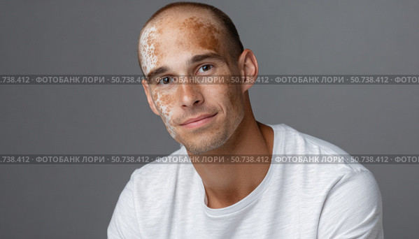 Young man showing vitiligo skin patches on face. Стоковое AI-изображение, AI-художник Юрий Поздников / Фотобанк Лори