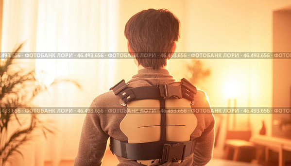 Young man wearing posture corrector brace at home during sunset. Стоковое AI-изображение, AI-художник Юрий Поздников / Фотобанк Лори