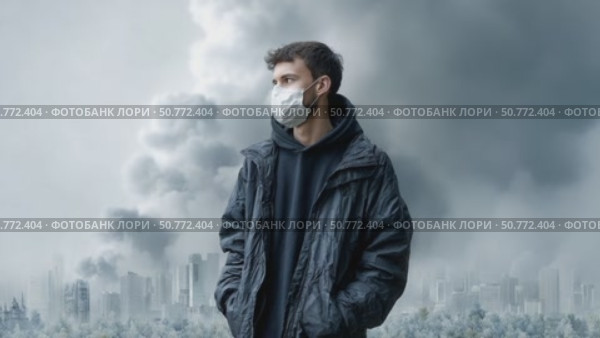 Young man wearing protective mask looking at polluted city skyline. Стоковое AI-видео, аниматор Юрий Поздников / Фотобанк Лори