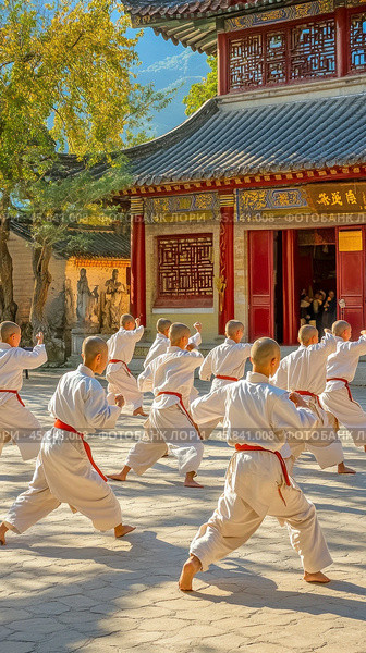 Young monks practicing kung fu in traditional temple courtyard. Стоковое AI-изображение, AI-художник Юрий Поздников / Фотобанк Лори