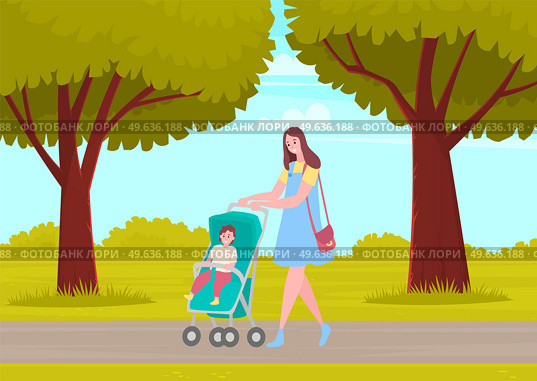 Young mother walking with smiling baby sitting in stroller in city park. Mom spend time with her child ourdoors. Female character pushing baby carriage in walkway against background of green trees. Young mother walking with smiling baby sitting in stroller in city park. Mom spend time with child. Стоковая иллюстрация, агентство Ingram Publishing / Фотобанк Лори