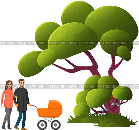 Young parents walking with stroller in city park. Happy family, dad and mom walking with infant in crib. Newborn toddler in carriage. Mother and father with baby stroller walks through garden. Young parents walking with stroller in park. Happy family, dad and mom walking with infant in crib. Стоковая иллюстрация, агентство Ingram Publishing / Фотобанк Лори
