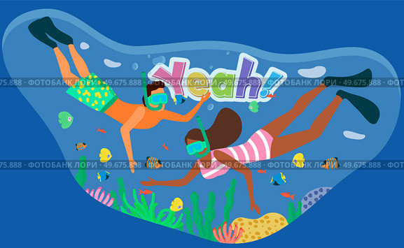 Young people in diving masks watching marine fauna during swimming in sea or ocean. Snorkelers observing coral reef, underwater, undersea landscape. Happy man and woman snorkeling and screaming yeah. Happy man and woman snorkeling and and screaming yeah. Snorkelers observing underwater coral reef. Стоковая иллюстрация, агентство Ingram Publishing / Фотобанк Лори