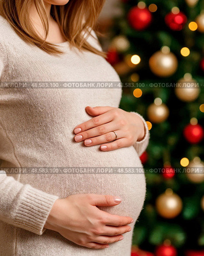 Young pregnant woman against the background of multi-colored Christmas tree lights. Close-up. The woman will soon become a mother. Стоковое AI-изображение, AI-художник Сергей Елизарьев / Фотобанк Лори