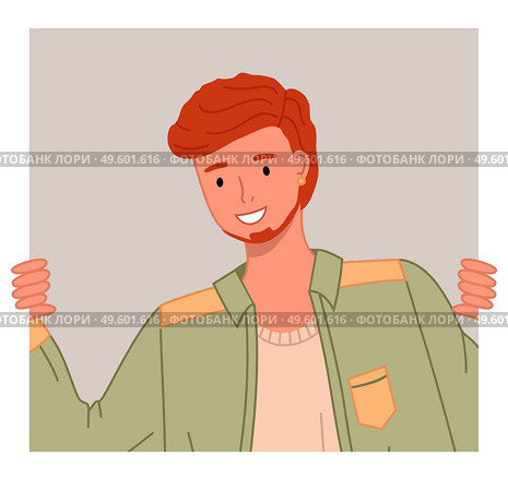 Young redheaded man in casual clothes curious looking peeping out of the window vector Illustration. Funny male character spies watching someone, happy smiling guy in a positive emotional state. Young redheaded man in casual clothes curious looking peeping out of the window vector Illustration. Стоковая иллюстрация, агентство Ingram Publishing / Фотобанк Лори