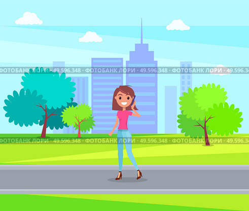 Young smiling girl wearing pink t-shirt and jeans, stylish shoes at heels. Fashionable woman with bob hairstyle walking in green park at urban view background. Cheerful girl posing, talking by phone. Stylish girl in jeans walking in urban park talking by phone, high-rise city buildings at background. Стоковая иллюстрация, агентство Ingram Publishing / Фотобанк Лори