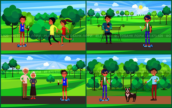 Young teenagers resting in park together set vector. People riding gyroscooter hoverboard, sitting on bench and smoking vape. Grandparents and teen. Young Teenagers Resting in Park Together Vector. Стоковая иллюстрация, агентство Ingram Publishing / Фотобанк Лори