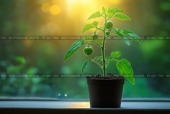 Young tomato plant growing in sunlight by the window in a cozy space. Молодое растение томата растет на солнечном свету у окна в уютном помещении. Стоковое AI-изображение, AI-художник Katsiaryna Repich / Фотобанк Лори