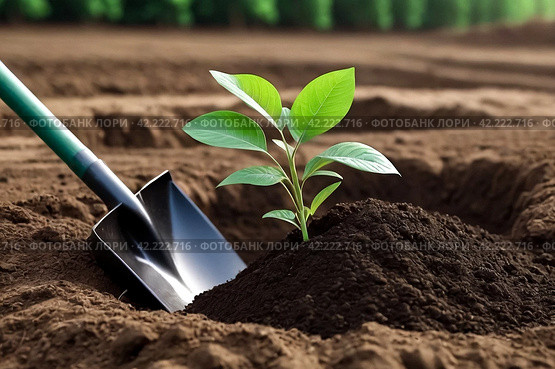Young tree sapling lies at dug hole next to shovel and is ready to plant in ground. Background for gentrification of territory. Concept of landscaping, nature, environment and ecology. Copy space. Стоковое AI-изображение, AI-художник Aleksandr Golubev / Фотобанк Лори