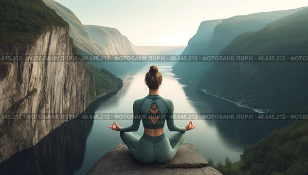 Young woman doing yoga at home. Female wearing white sport clothes in lotus figure. Стоковое AI-изображение, AI-художник Tamara Sushko / Фотобанк Лори